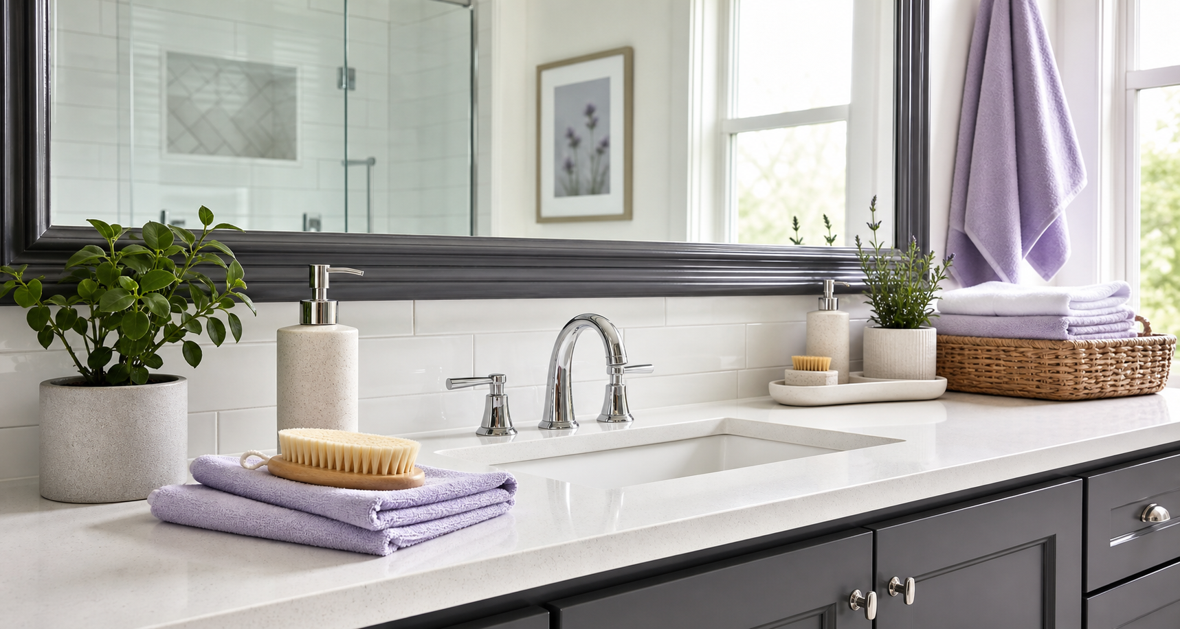 Freshly cleaned bathroom vanity with folded towels and cleaning supplies